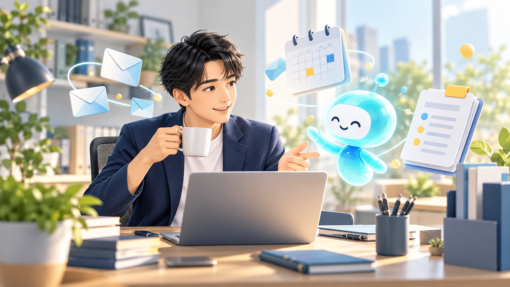 メール・予定・資料を整理しながらAIと仕事を進める会社員のイメージ