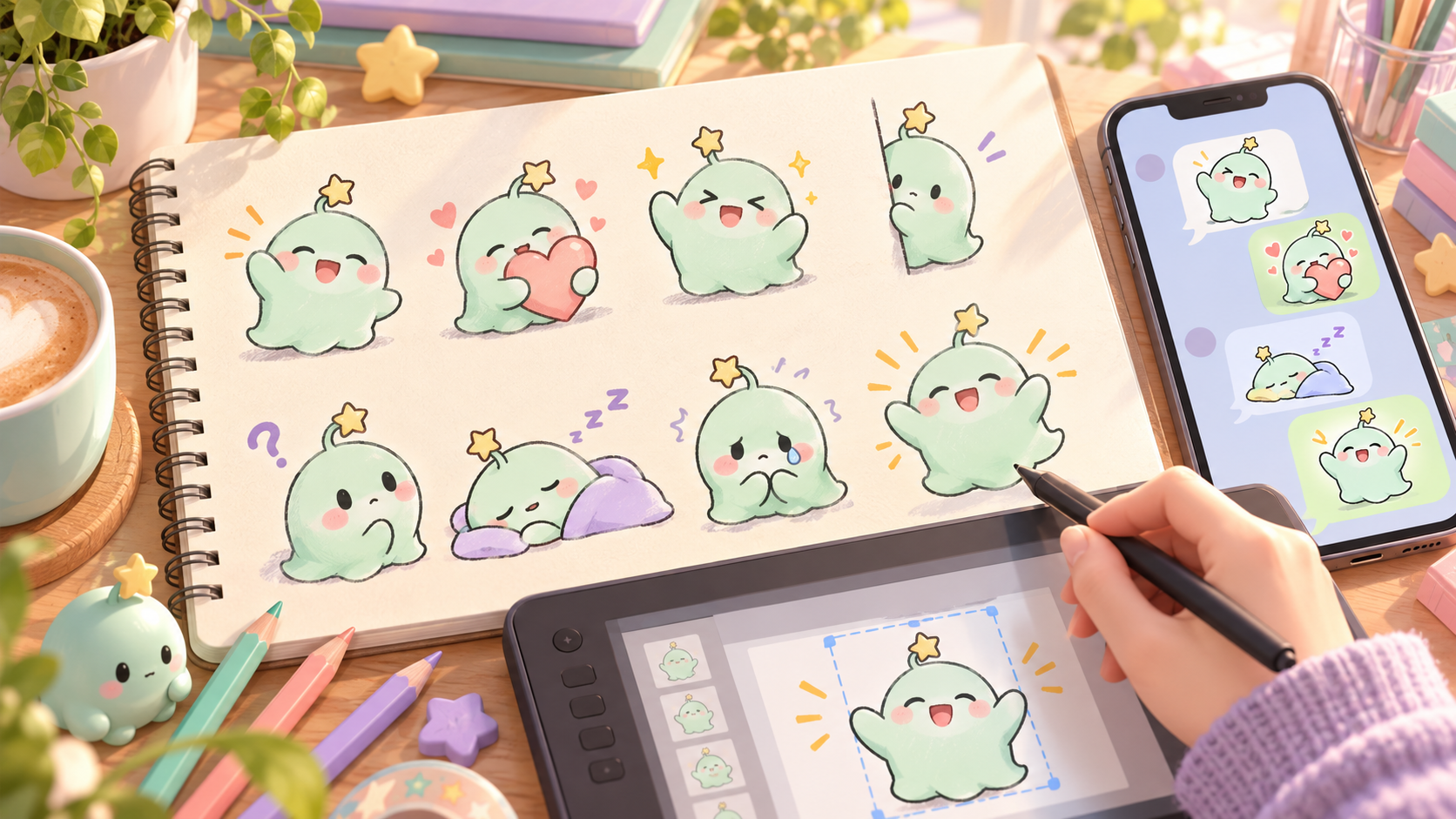 同じオリジナルキャラクターで表情の異なるスタンプを制作するイメージ