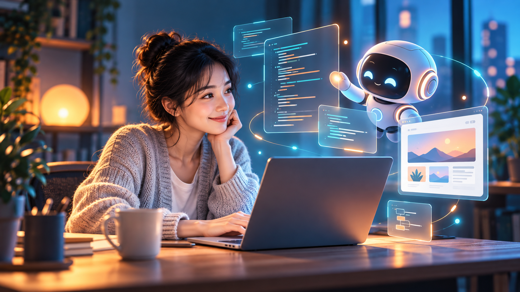 人とAIが一緒に小さなウェブサイトを作るイメージ