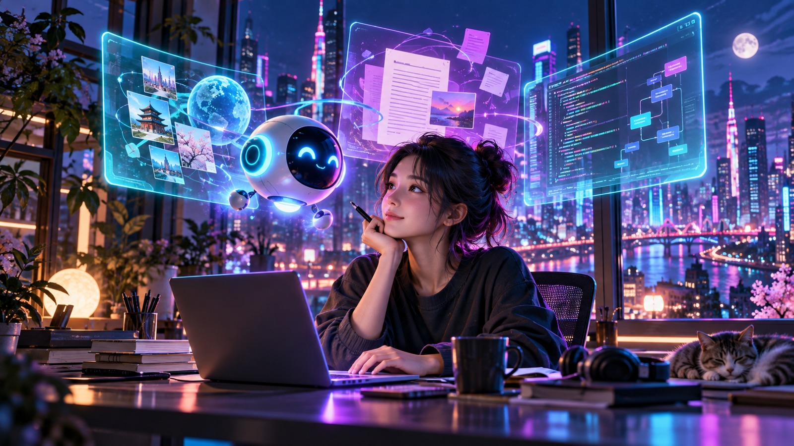 AIアシスタントとクリエイターが調査や資料作成を進めるサイバーパンクのイメージ