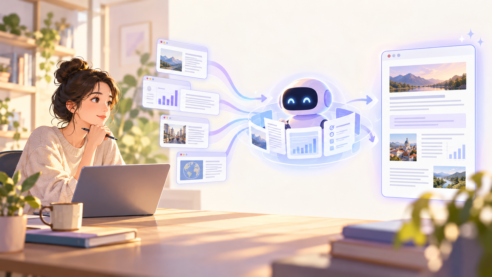 複数の情報を調べ、AIと確認しながら成果物に仕上げる流れを示したイメージ